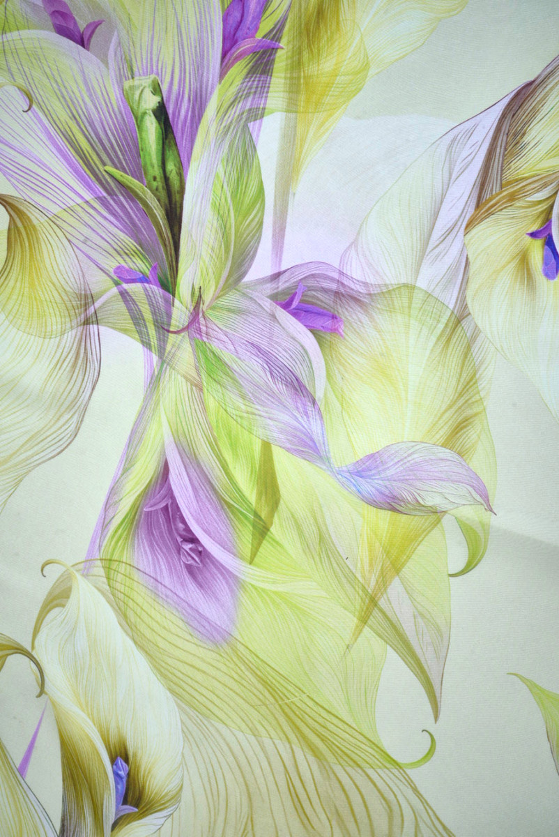 MuÅlin jedwabny kwiaty limonka z fioletem